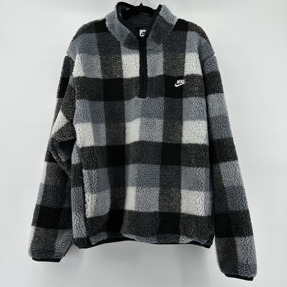 Nike Mens Sportswear Club Fleece+ Sherpa Half-Zip Plaid FZ0896-010 Black Gray M